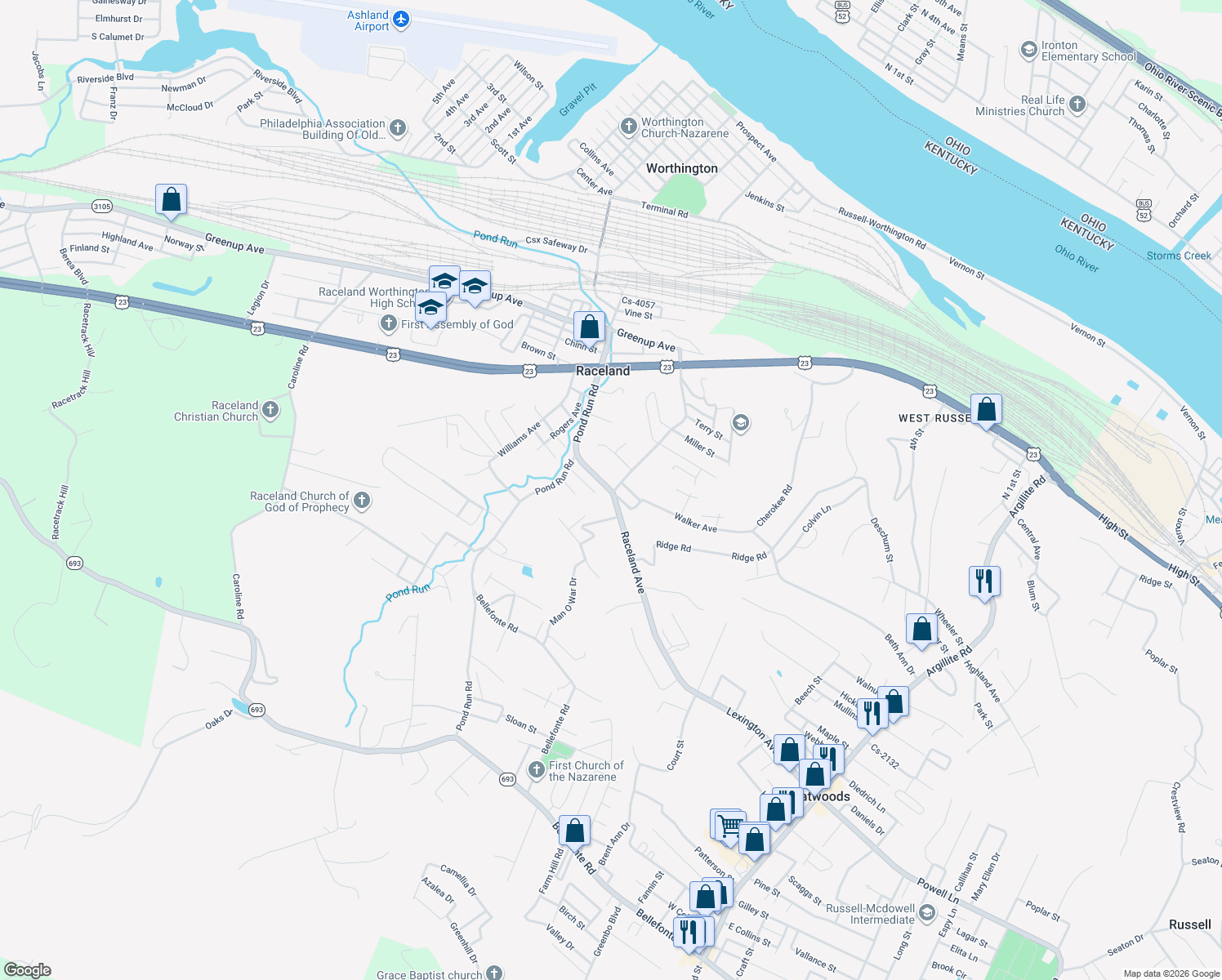 map of restaurants, bars, coffee shops, grocery stores, and more near 833 Raceland Ave in Raceland