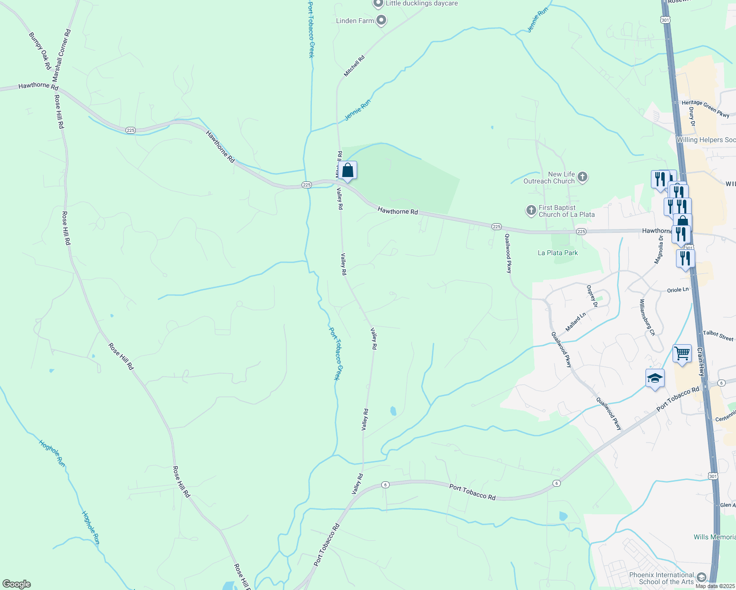 map of restaurants, bars, coffee shops, grocery stores, and more near 6450 Valley Road in La Plata