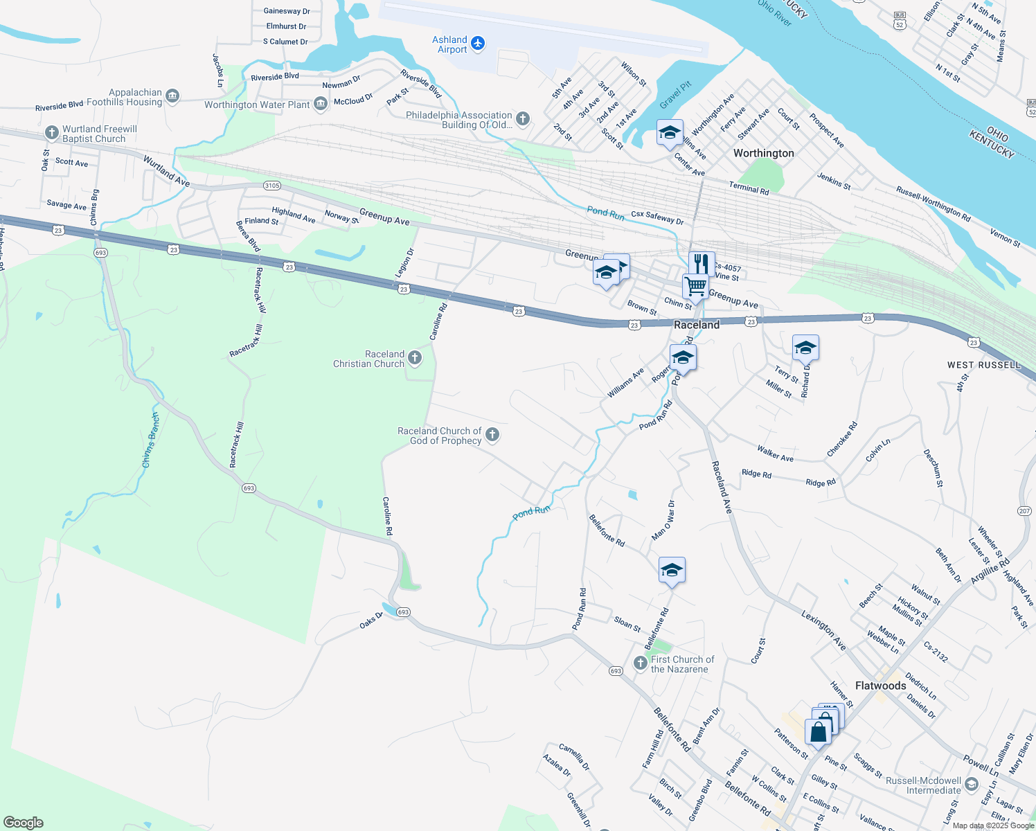 map of restaurants, bars, coffee shops, grocery stores, and more near 199 Lost Canyon Drive in Raceland