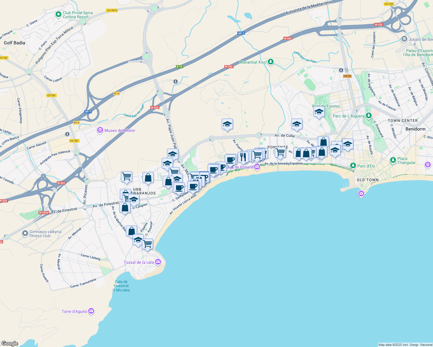 map of restaurants, bars, coffee shops, grocery stores, and more near 6 Avenida la Vila Joiosa in Benidorm