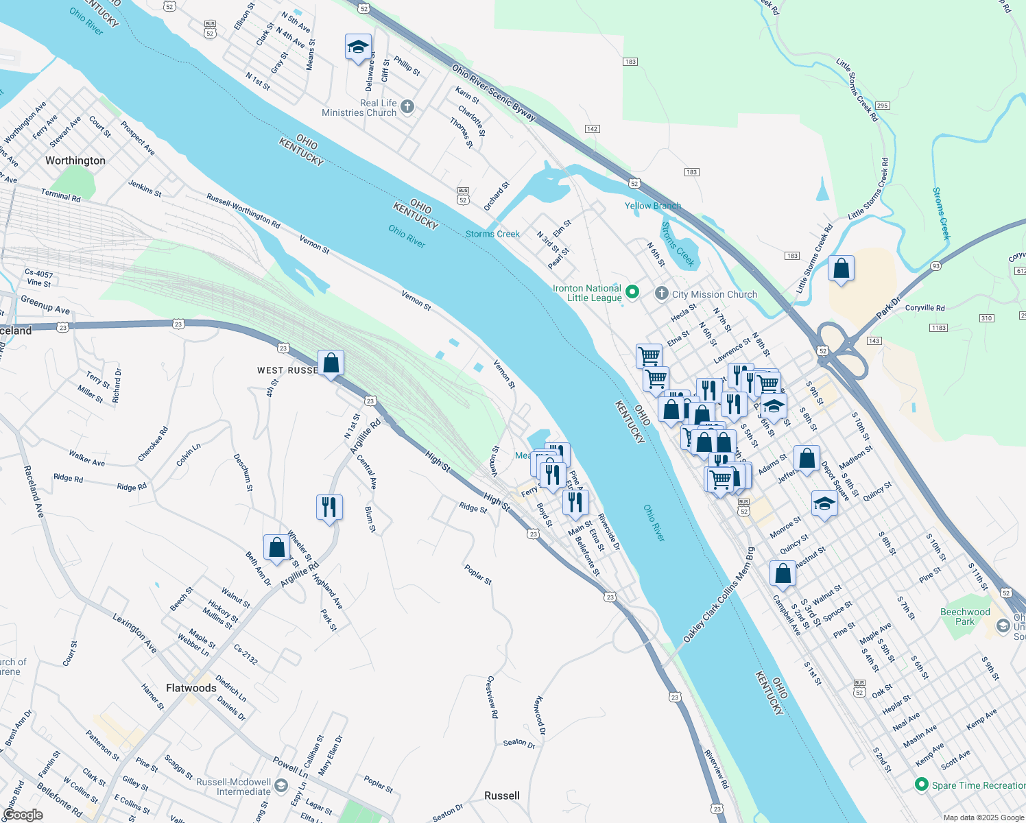 map of restaurants, bars, coffee shops, grocery stores, and more near Division St in Russell
