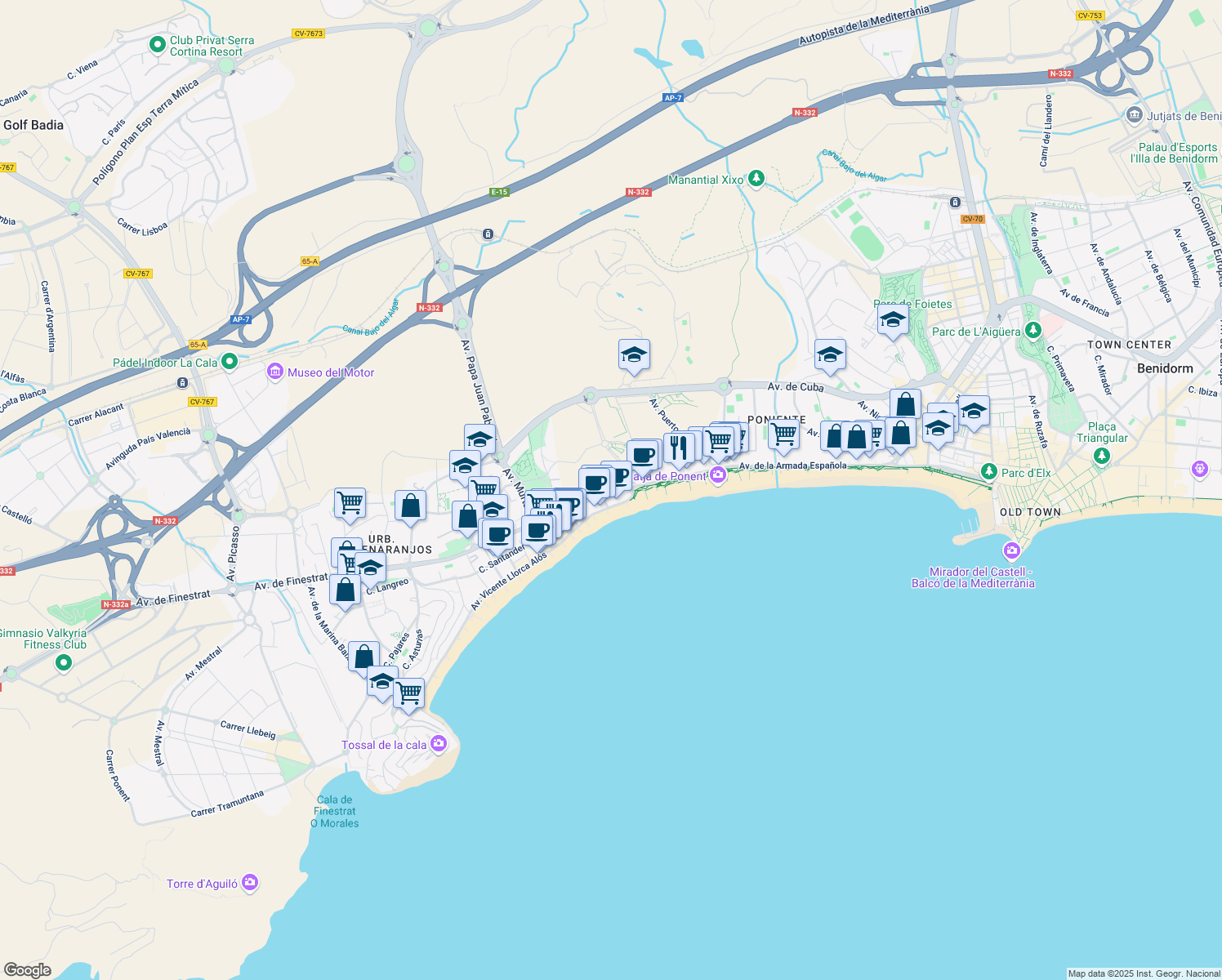 map of restaurants, bars, coffee shops, grocery stores, and more near 6 Avinguda de la Vila Joiosa in Benidorm