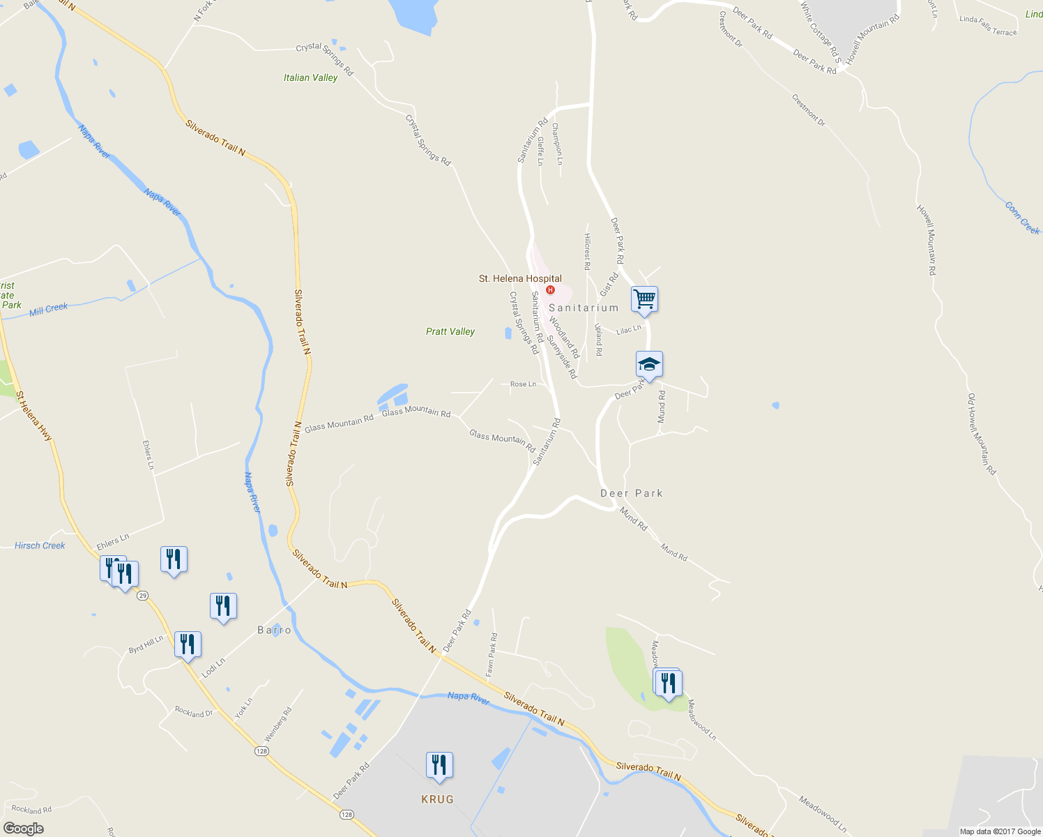 map of restaurants, bars, coffee shops, grocery stores, and more near 454 Elmshaven Road in Saint Helena