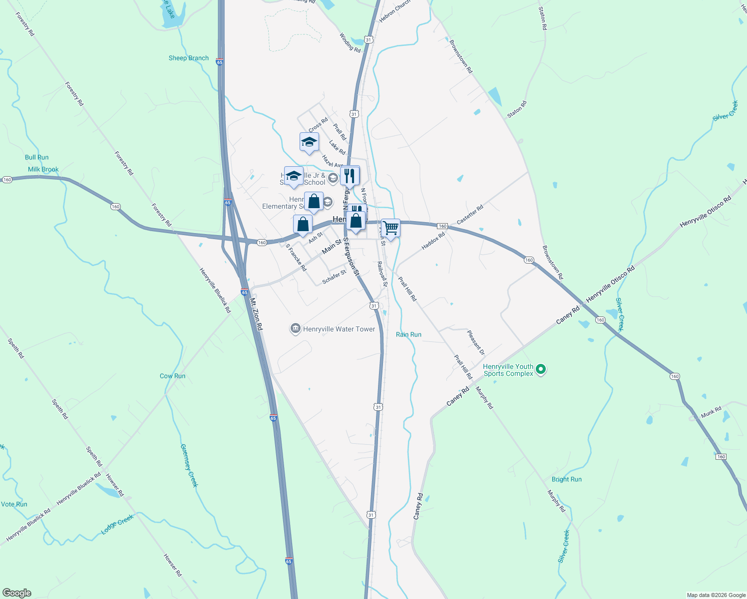 map of restaurants, bars, coffee shops, grocery stores, and more near 207 Railroad Street in Henryville