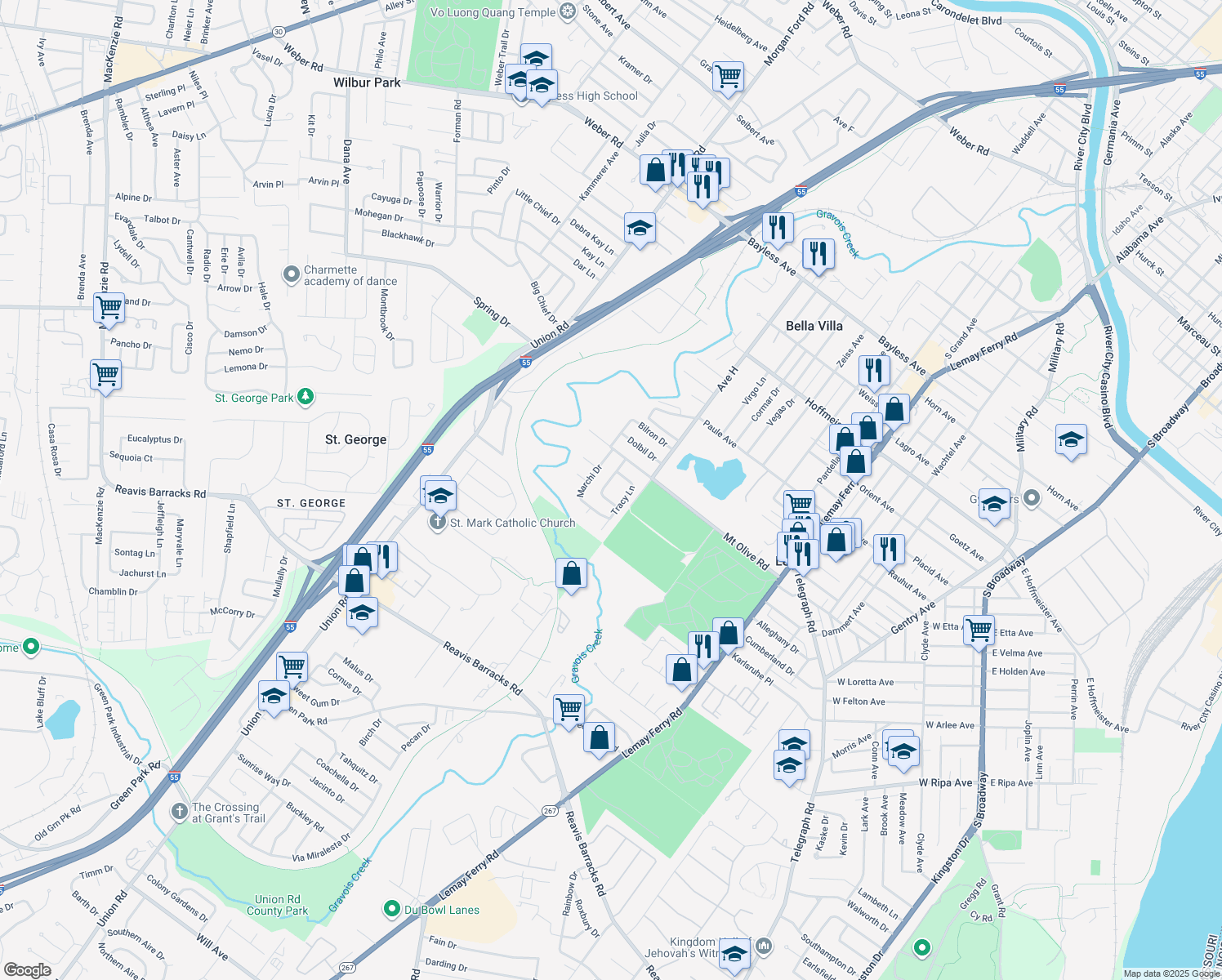 map of restaurants, bars, coffee shops, grocery stores, and more near 1242 Shannon County Drive in St. Louis