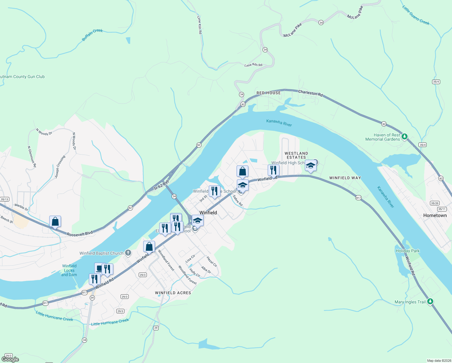 map of restaurants, bars, coffee shops, grocery stores, and more near 227 Woodbend Cove in Winfield