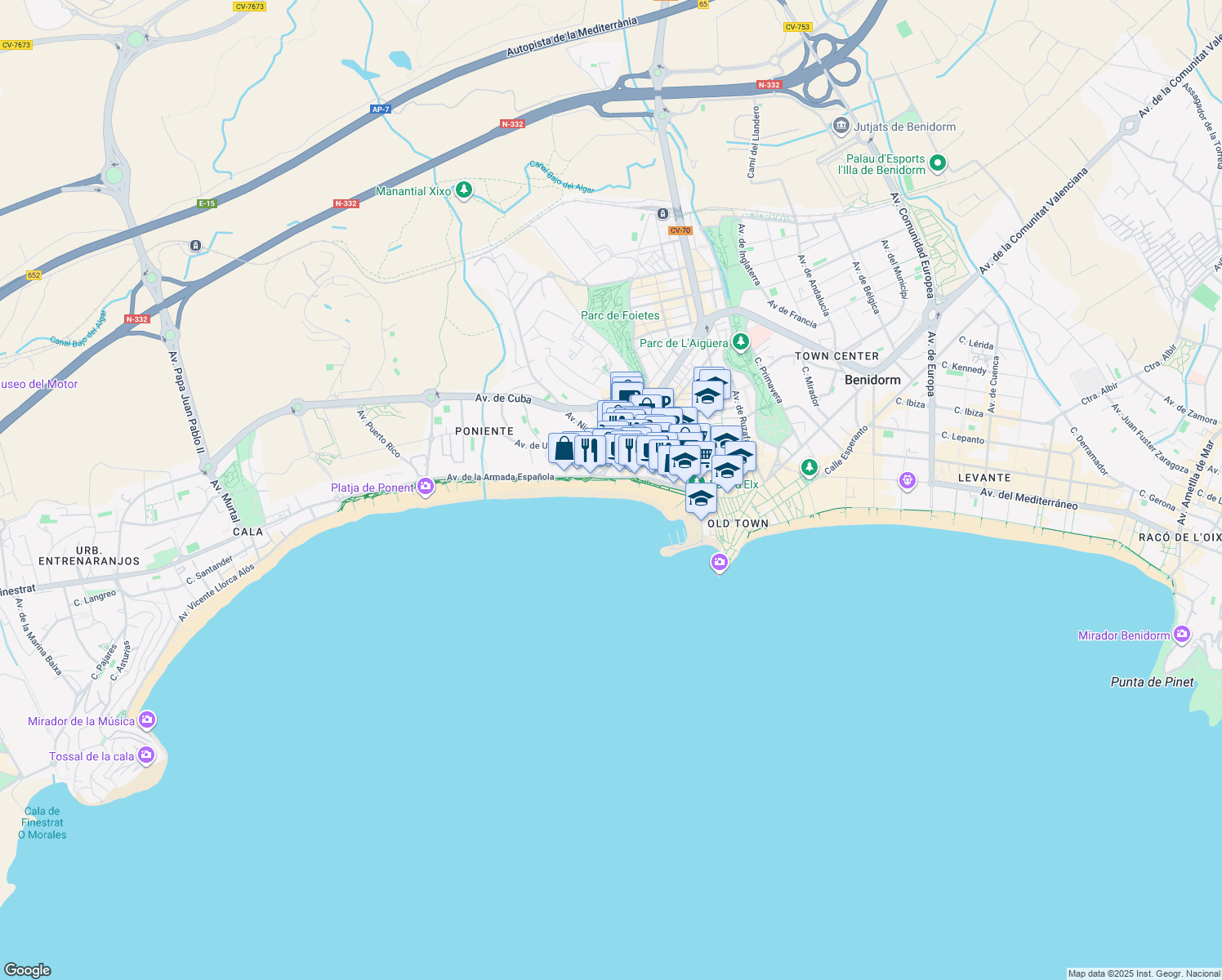 map of restaurants, bars, coffee shops, grocery stores, and more near 30-32 Calle San Pedro in Benidorm