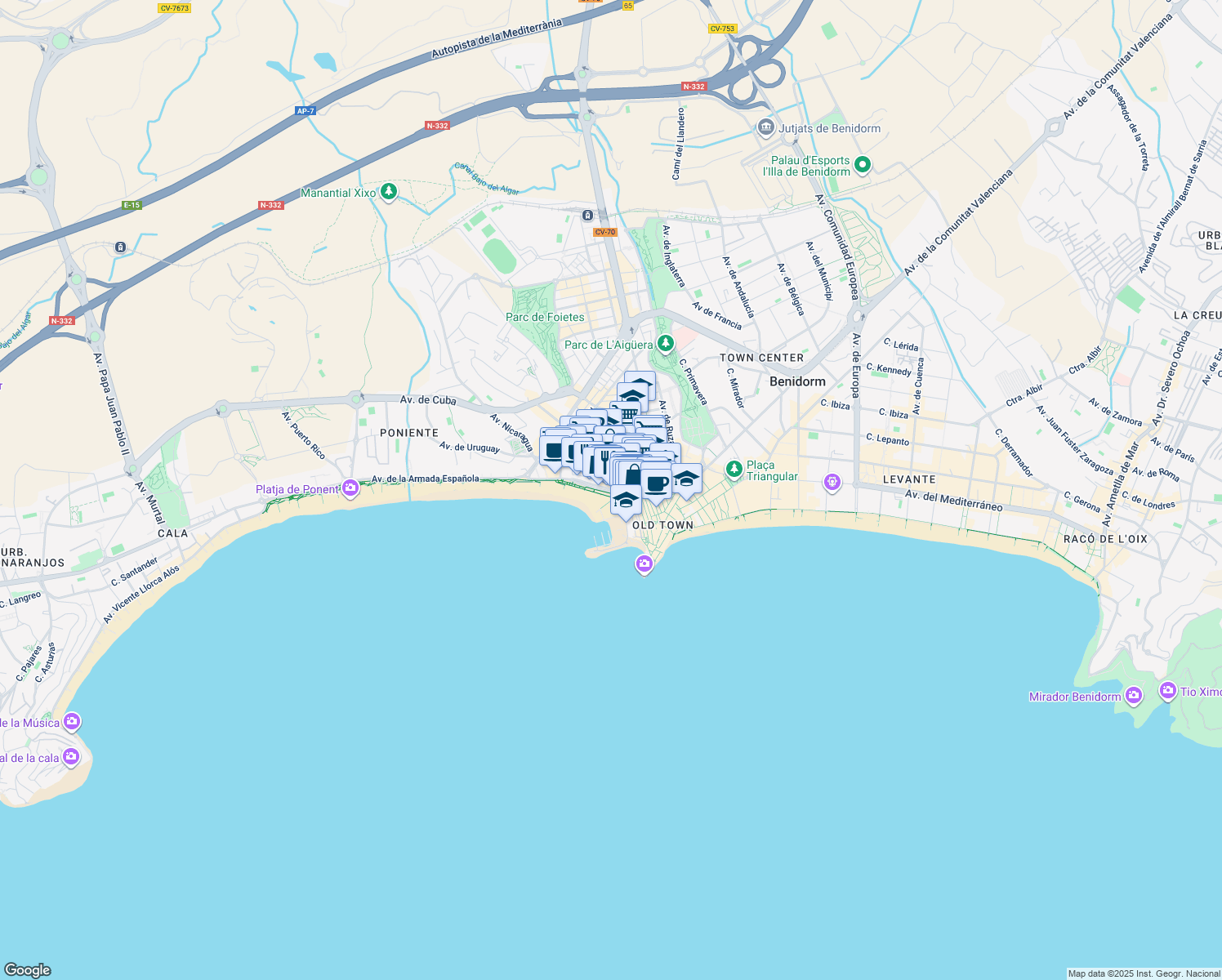 map of restaurants, bars, coffee shops, grocery stores, and more near in Benidorm