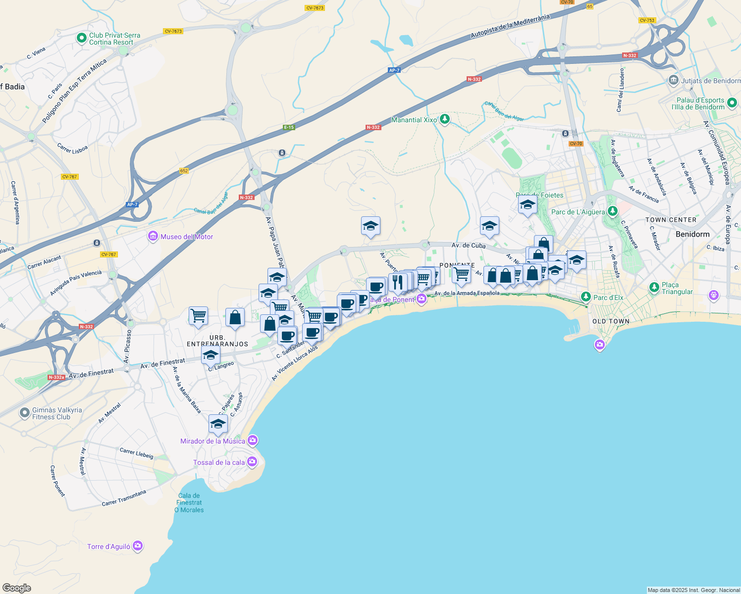 map of restaurants, bars, coffee shops, grocery stores, and more near in Benidorm