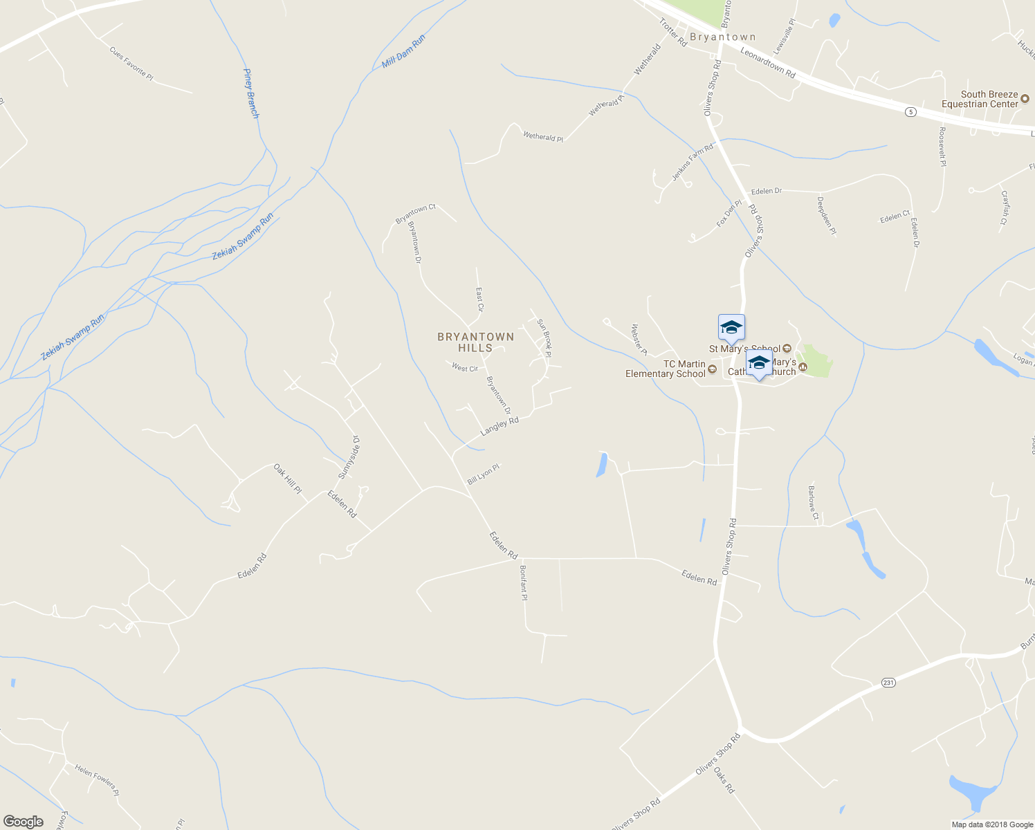 map of restaurants, bars, coffee shops, grocery stores, and more near 13140 Langley Road in Bryantown