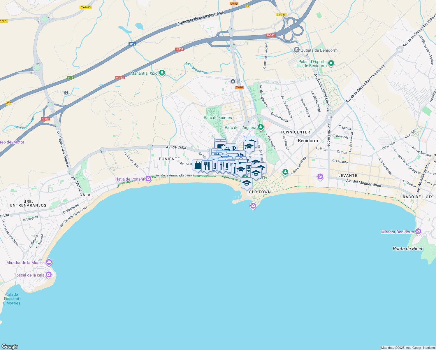 map of restaurants, bars, coffee shops, grocery stores, and more near 30 Carrer de Sant Pere in Benidorm