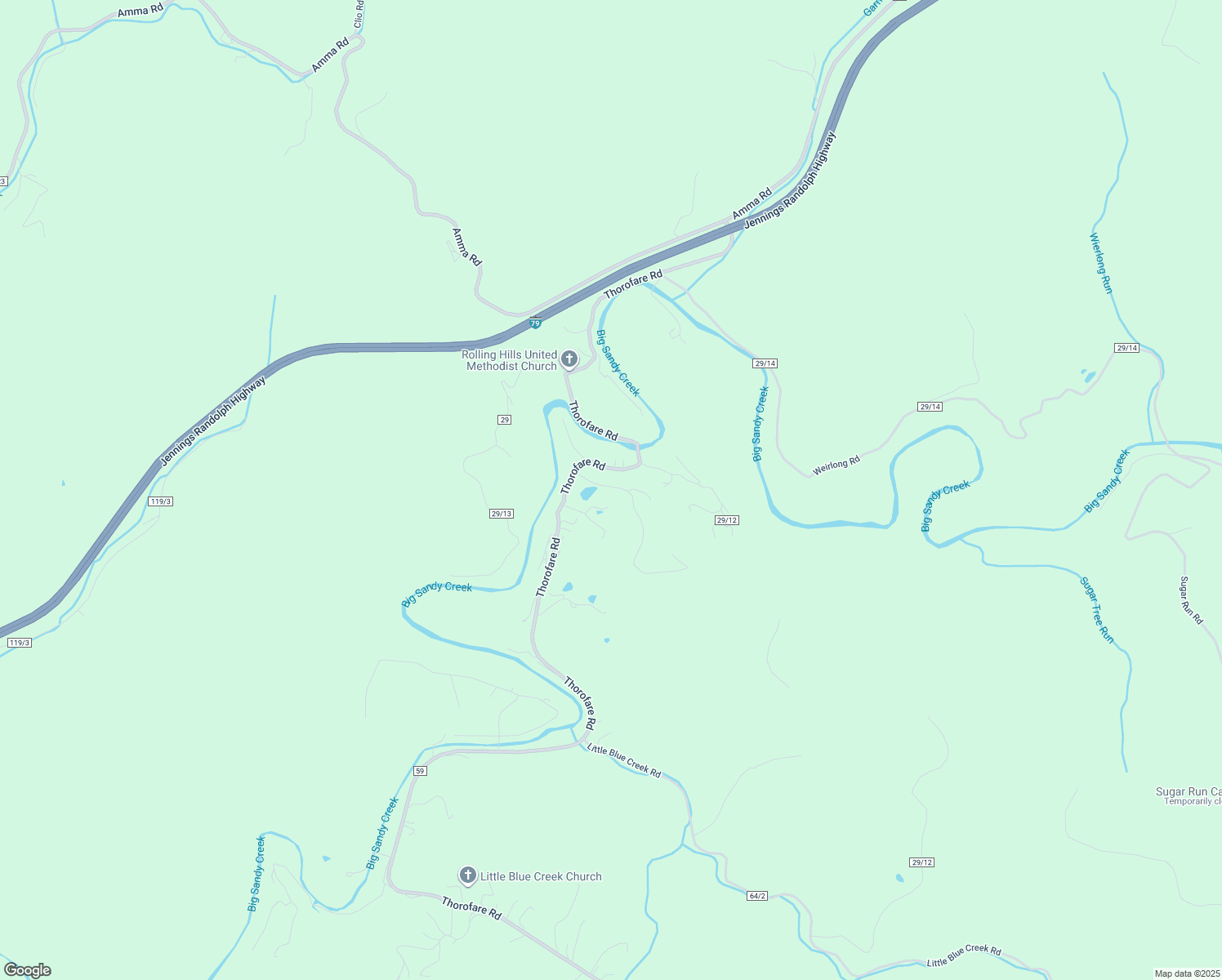 map of restaurants, bars, coffee shops, grocery stores, and more near Thorofare Road in Clendenin