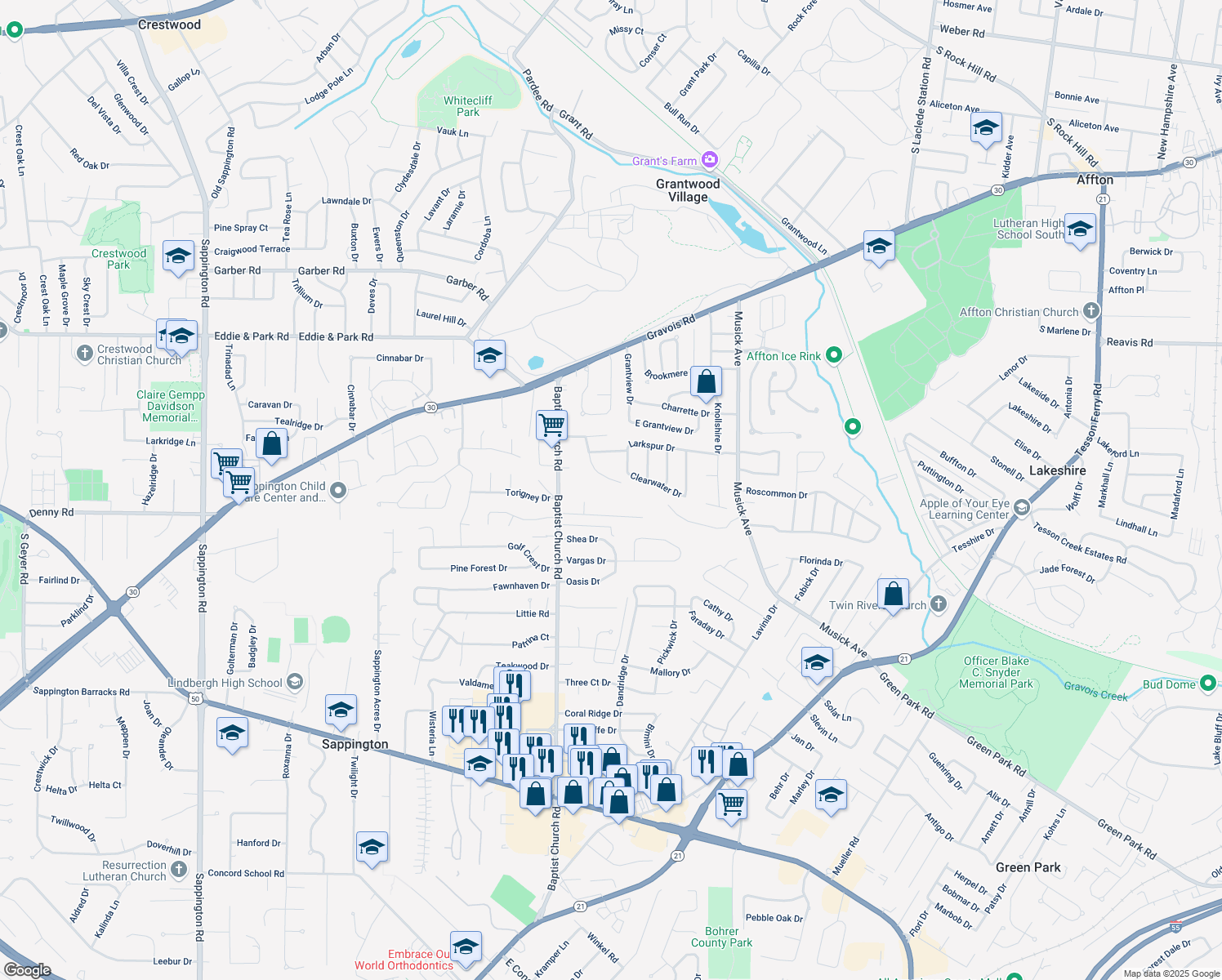 map of restaurants, bars, coffee shops, grocery stores, and more near 9963 Clearwater Drive in Saint Louis