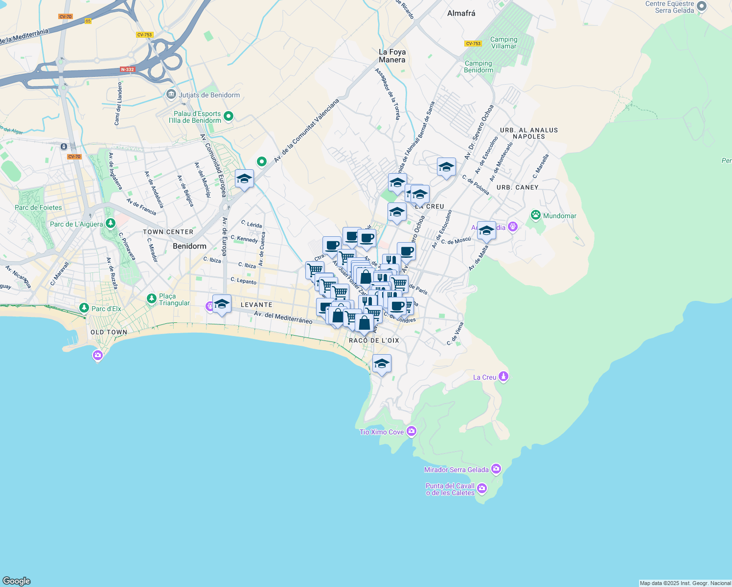 map of restaurants, bars, coffee shops, grocery stores, and more near 4 Avenida Juan Fuster Zaragoza in Benidorm