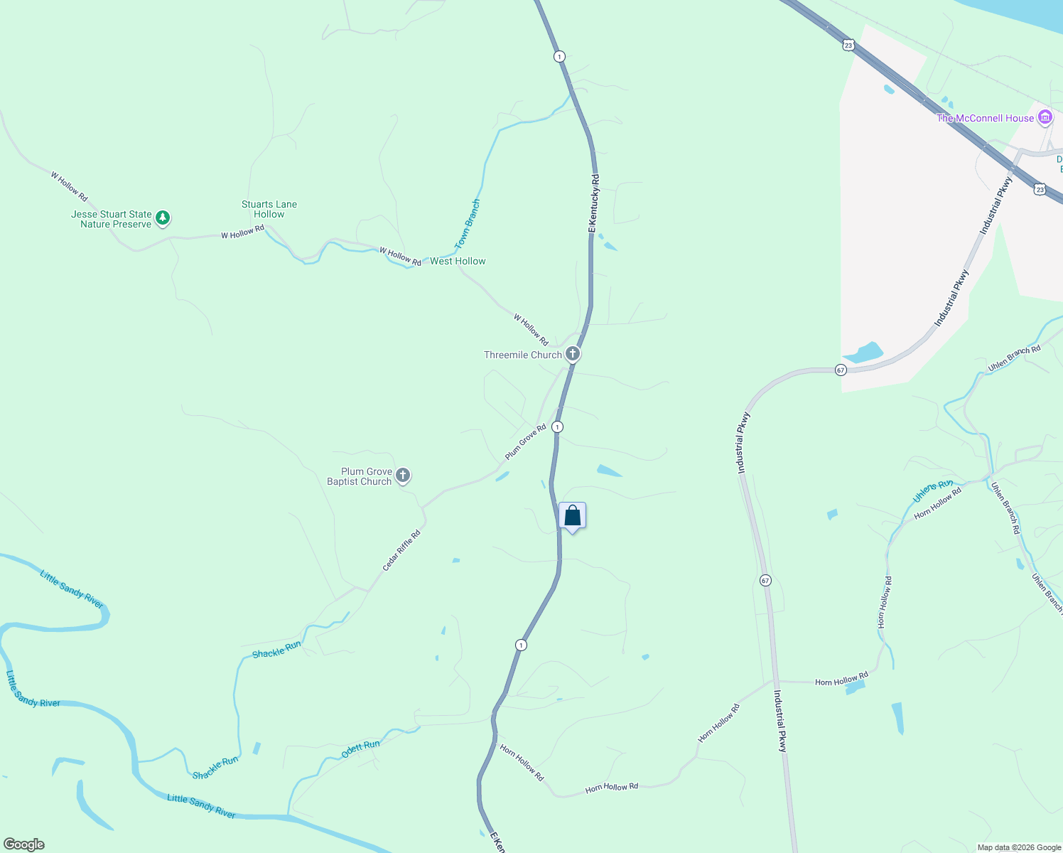 map of restaurants, bars, coffee shops, grocery stores, and more near Shepherd Loop Rd in Greenup