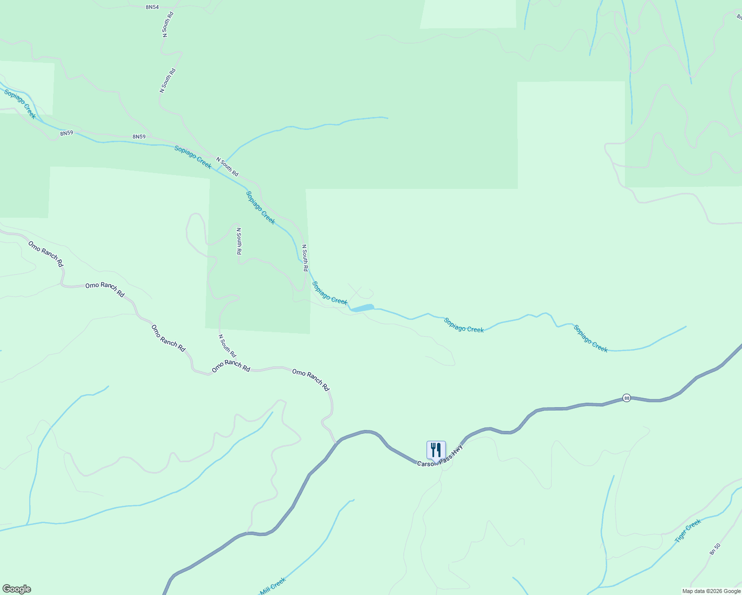 map of restaurants, bars, coffee shops, grocery stores, and more near Unnamed Rd in Pioneer