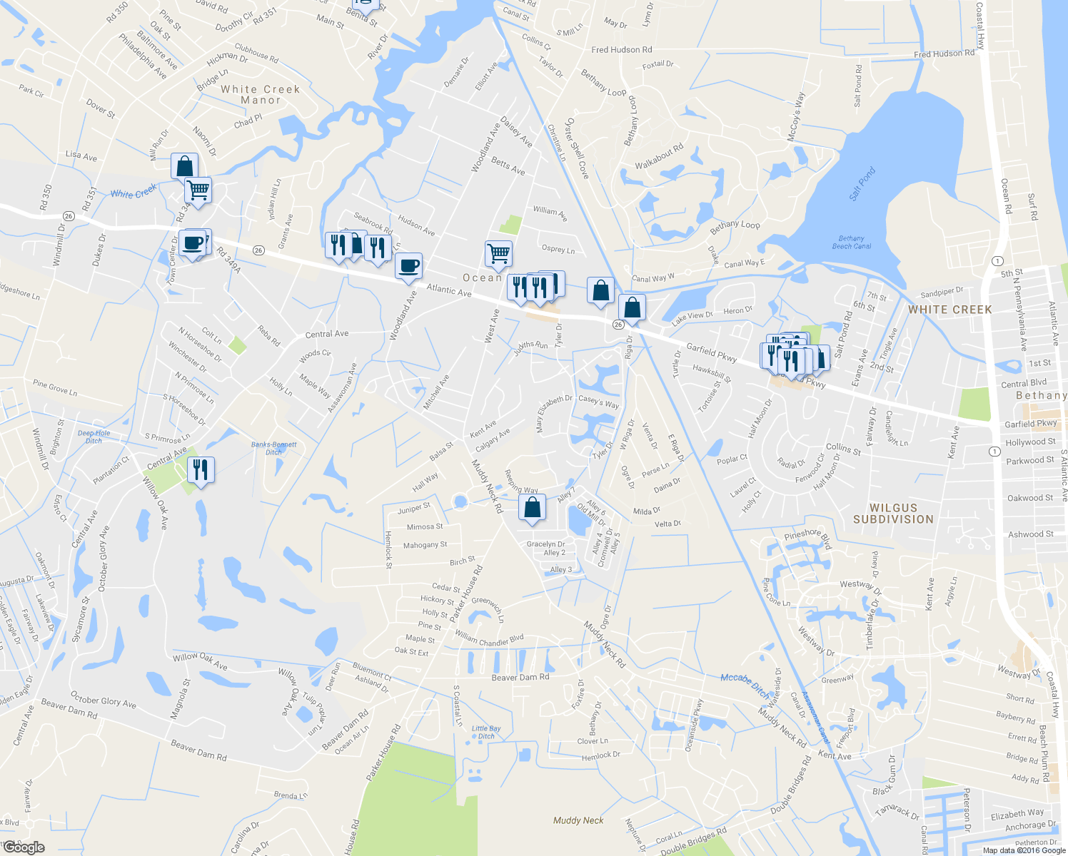 map of restaurants, bars, coffee shops, grocery stores, and more near 19 Mary Elizabeth Drive in Ocean View