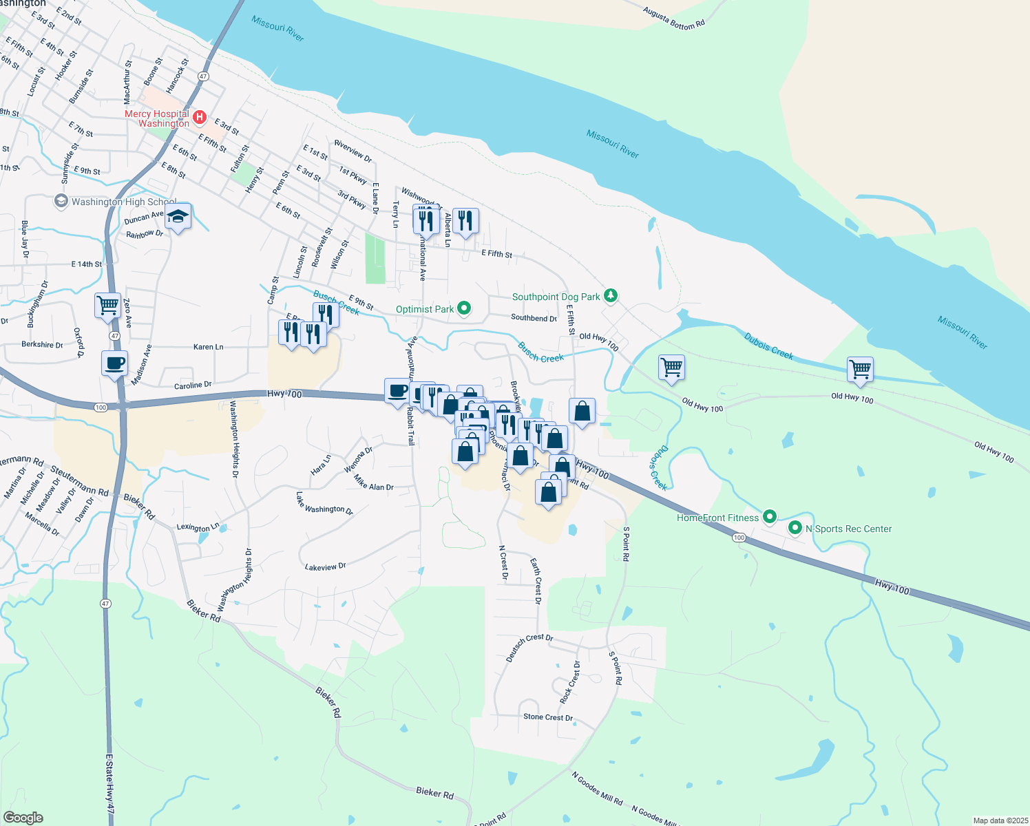 map of restaurants, bars, coffee shops, grocery stores, and more near 4141 Brookview Drive in Washington