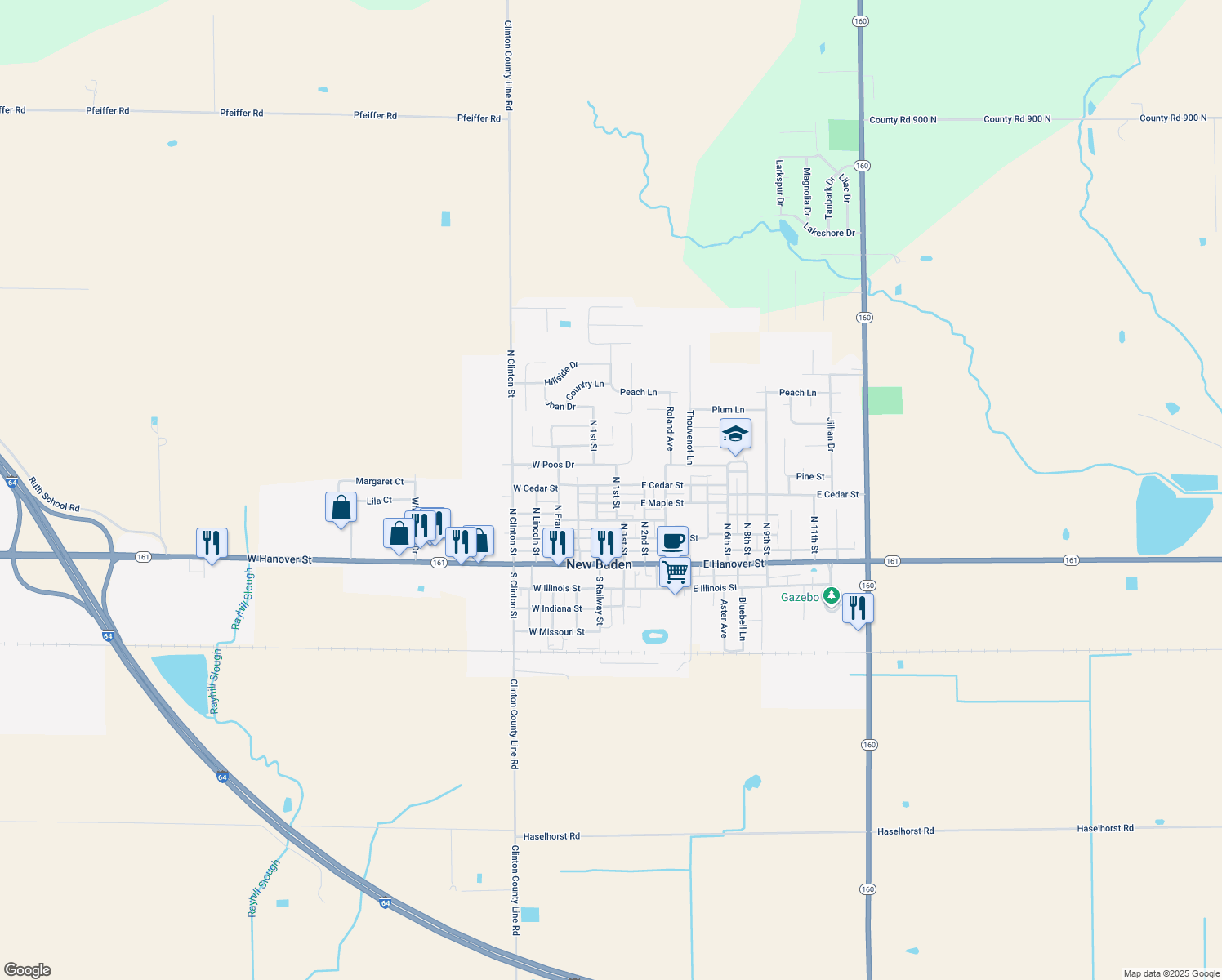 map of restaurants, bars, coffee shops, grocery stores, and more near 217 N 1st St in New Baden