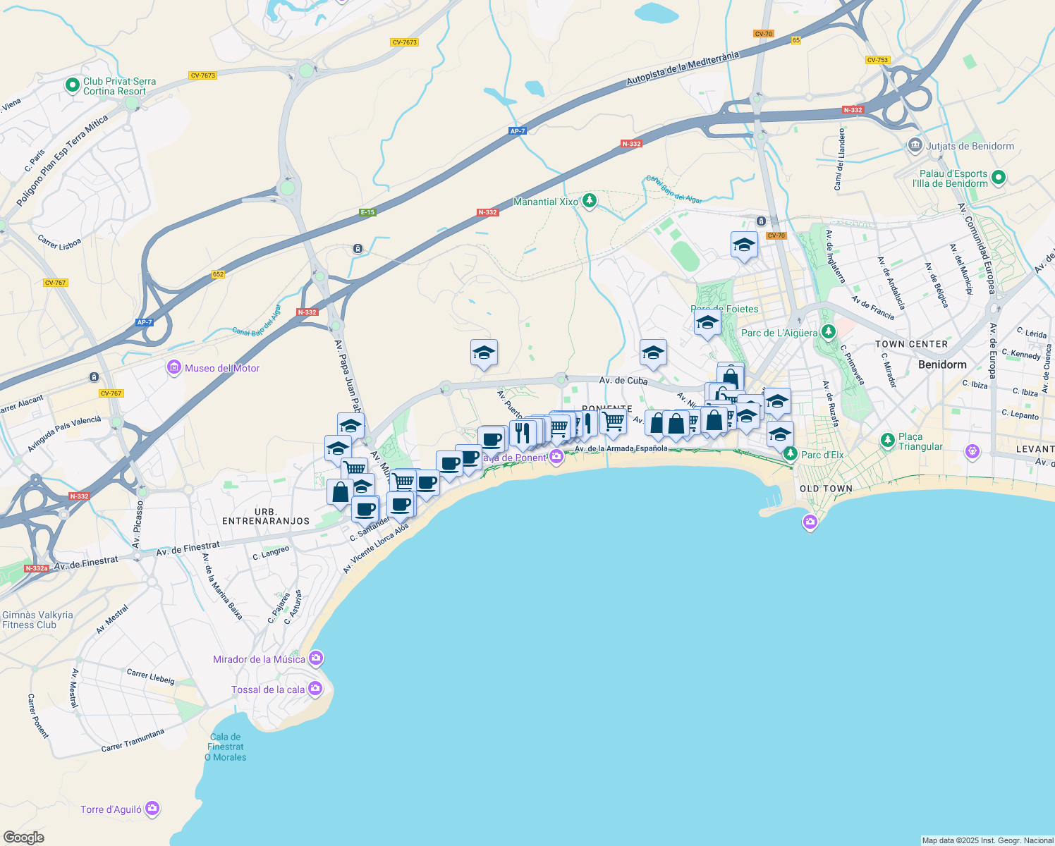 map of restaurants, bars, coffee shops, grocery stores, and more near in Benidorm