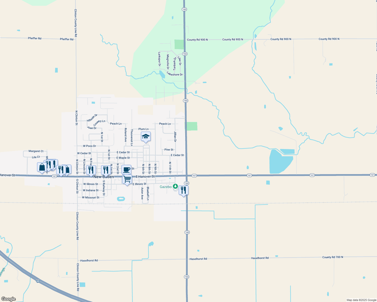 map of restaurants, bars, coffee shops, grocery stores, and more near 7932 Illinois 160 in New Baden