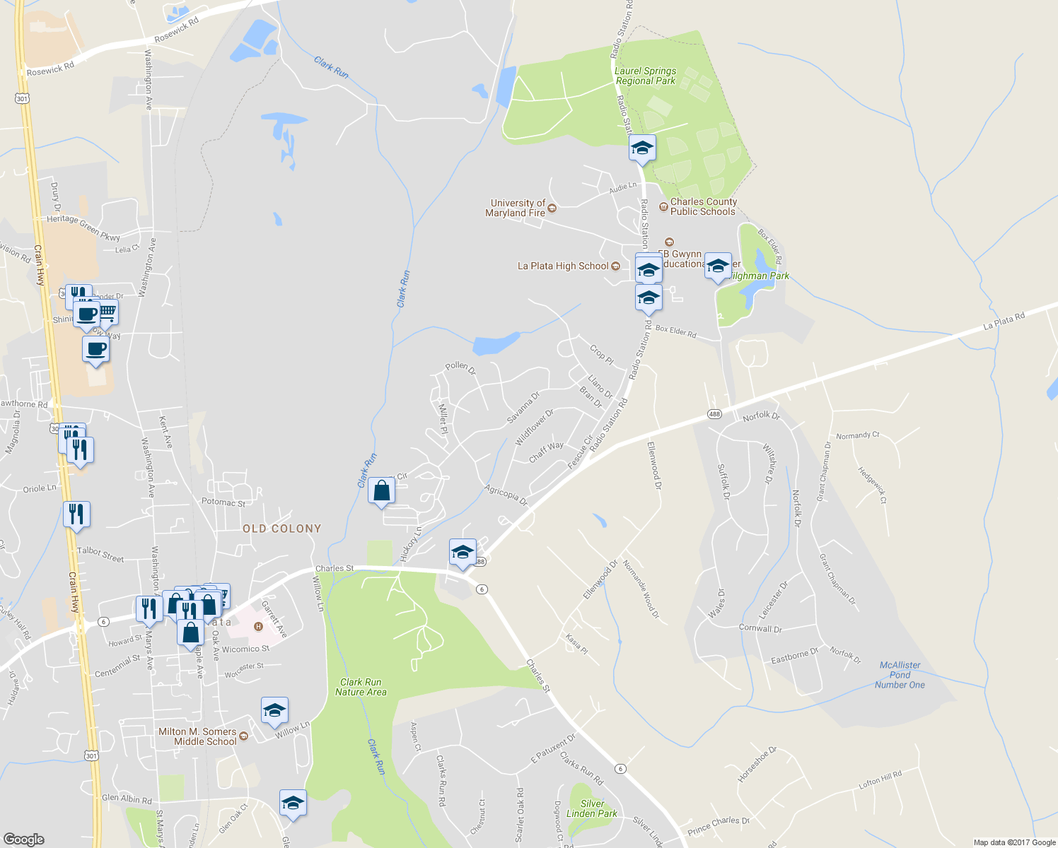 map of restaurants, bars, coffee shops, grocery stores, and more near 3023 Wildflower Drive in La Plata