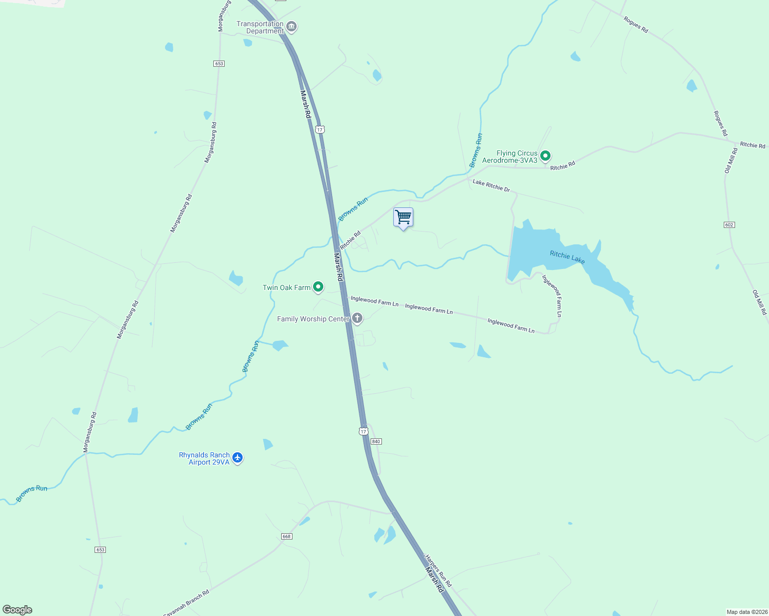 map of restaurants, bars, coffee shops, grocery stores, and more near 5449 Inglewood Farm Ln in Bealeton