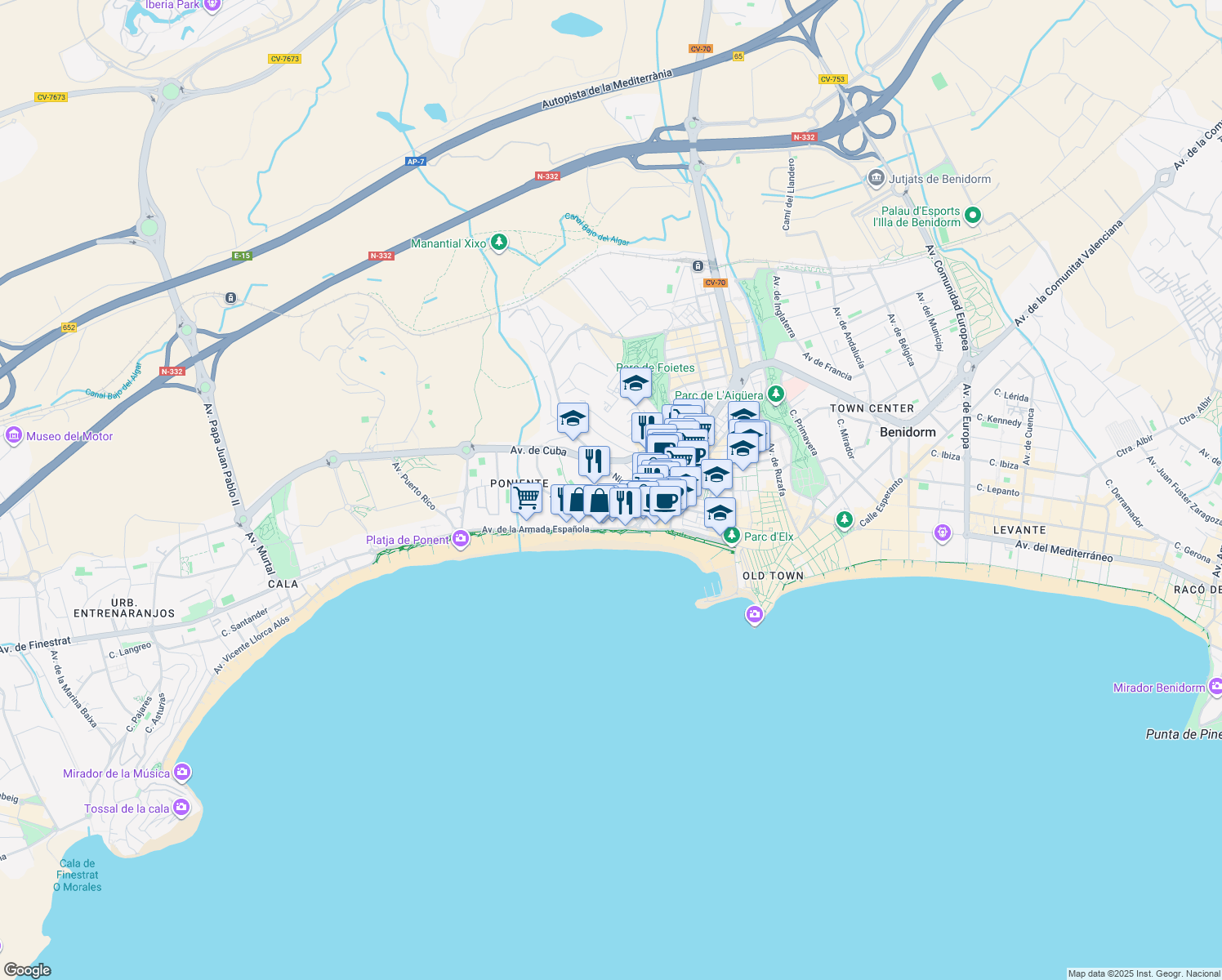 map of restaurants, bars, coffee shops, grocery stores, and more near 9 Avenida Nicaragua in Benidorm