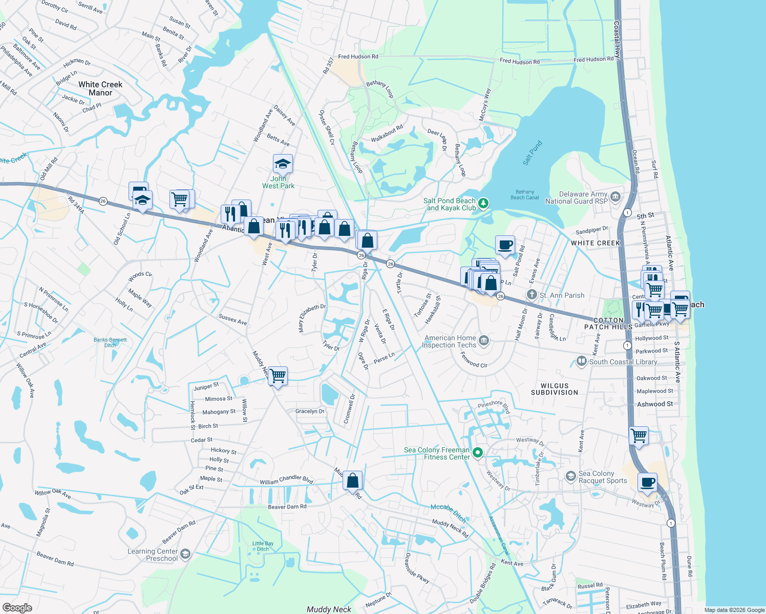 map of restaurants, bars, coffee shops, grocery stores, and more near 32645 East Riga Drive in Ocean View