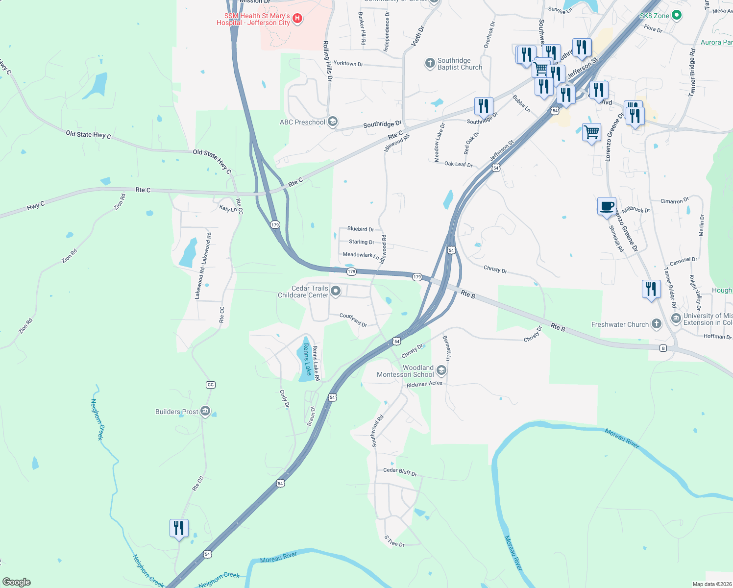 map of restaurants, bars, coffee shops, grocery stores, and more near 2514-2554 Idlewood Rd in Jefferson City