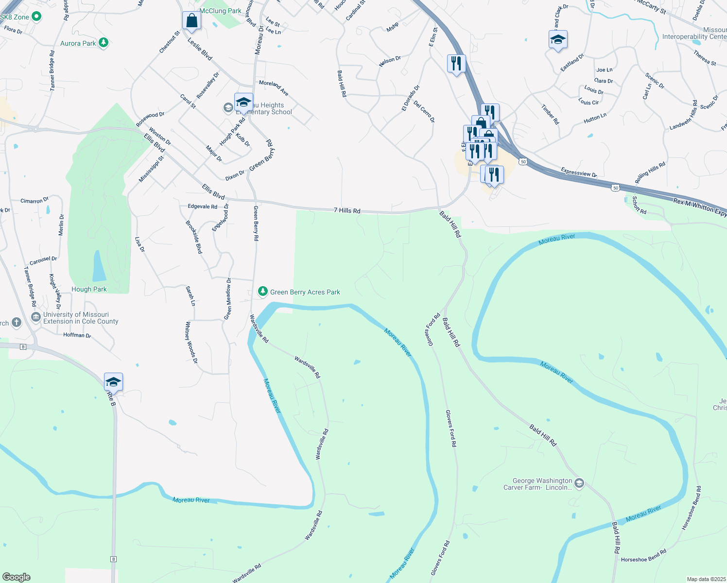 map of restaurants, bars, coffee shops, grocery stores, and more near 1715 Wilmor Drive in Jefferson City
