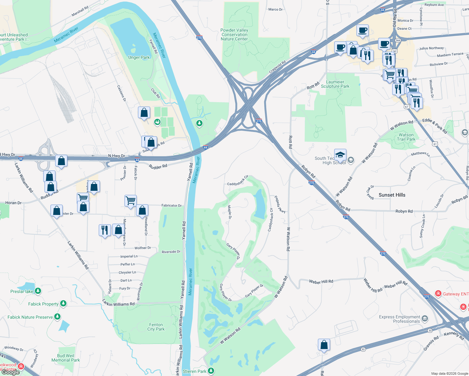 map of restaurants, bars, coffee shops, grocery stores, and more near 9213 Caddyshack Circle in St. Louis