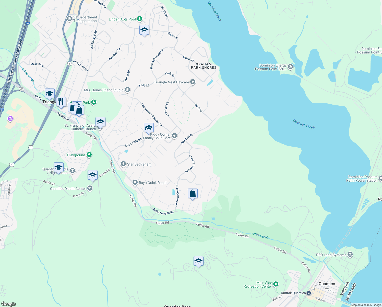 map of restaurants, bars, coffee shops, grocery stores, and more near 19097 Potomac Crest Drive in Triangle
