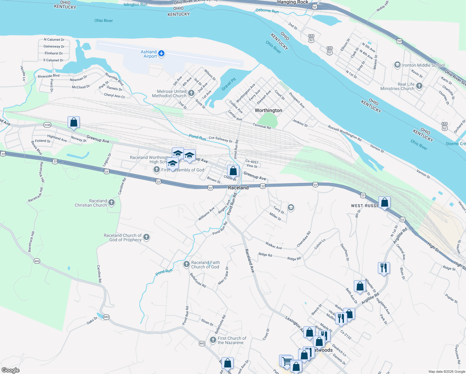 map of restaurants, bars, coffee shops, grocery stores, and more near U.S. 23 in Raceland