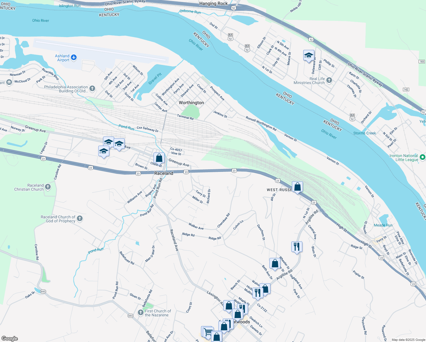 map of restaurants, bars, coffee shops, grocery stores, and more near U.S. 23 in Russell