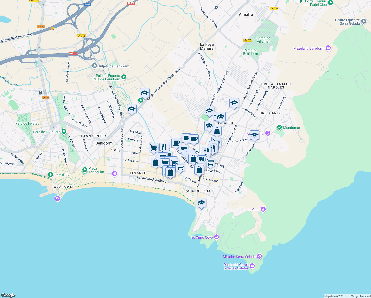 map of restaurants, bars, coffee shops, grocery stores, and more near 11 Avenida de Zamora in Benidorm