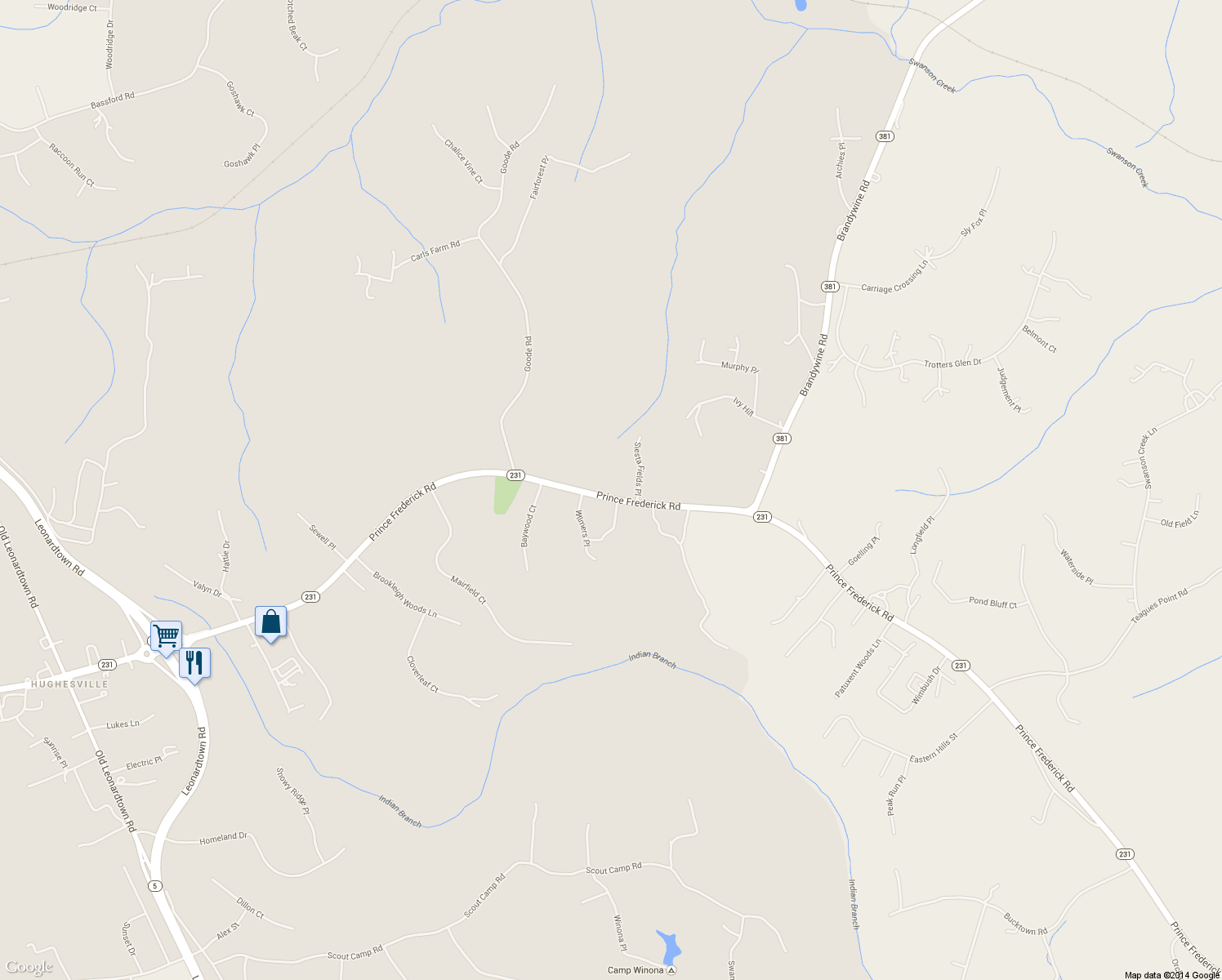 map of restaurants, bars, coffee shops, grocery stores, and more near 15978 Prince Frederick Road in Hughesville