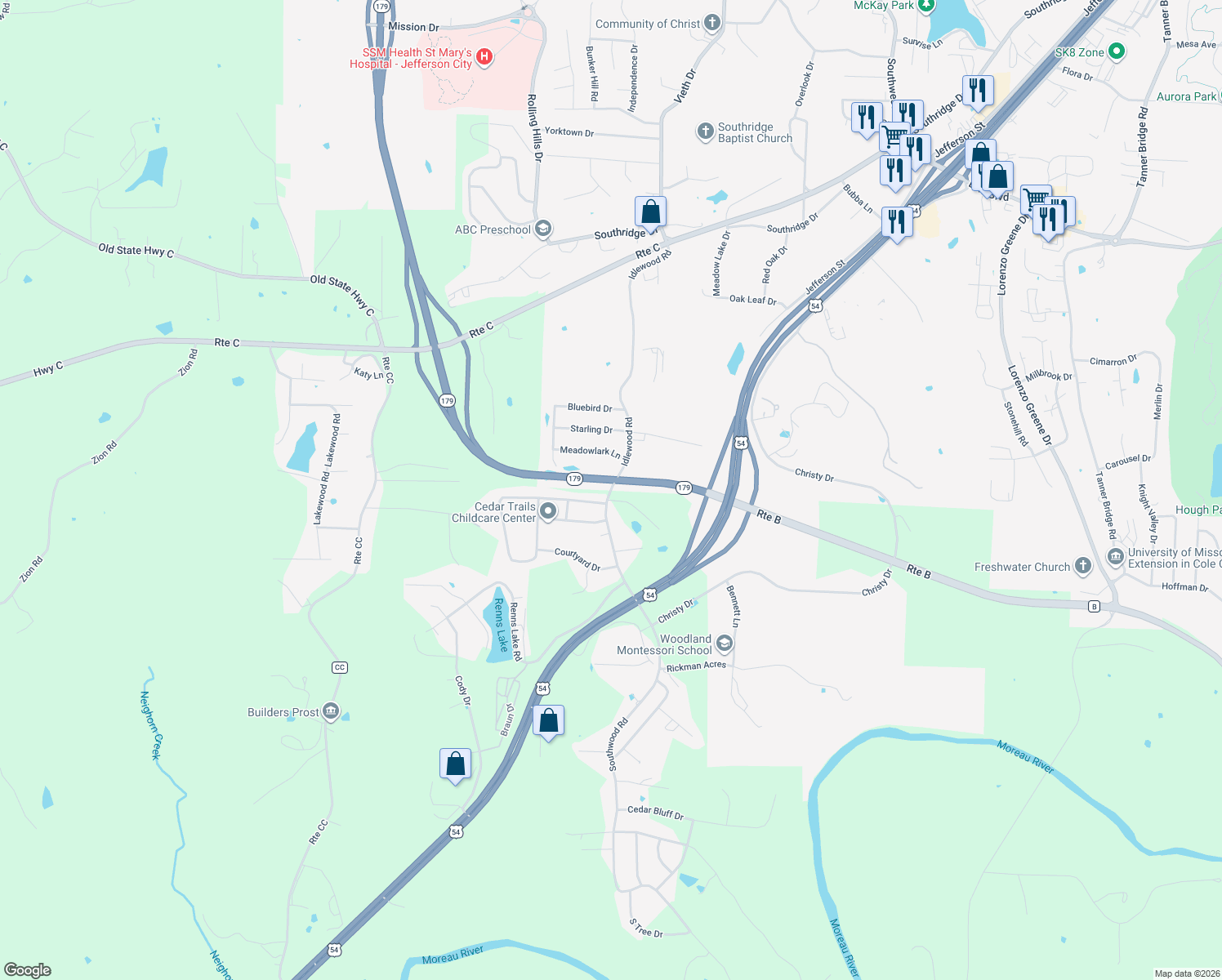 map of restaurants, bars, coffee shops, grocery stores, and more near 2514 Idlewood Road in Jefferson City