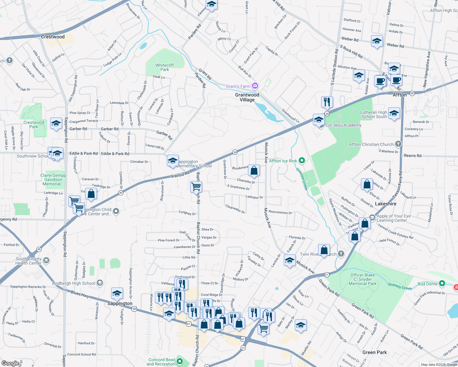 map of restaurants, bars, coffee shops, grocery stores, and more near 10735 E Grantview Dr in St Louis