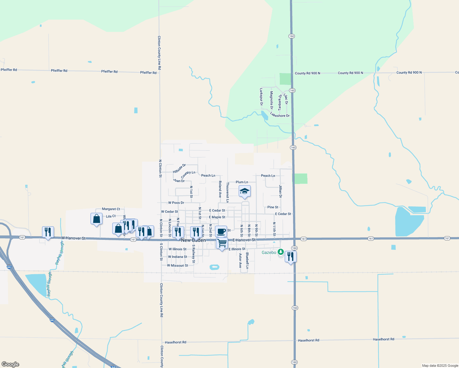 map of restaurants, bars, coffee shops, grocery stores, and more near 411 Plum Lane in New Baden