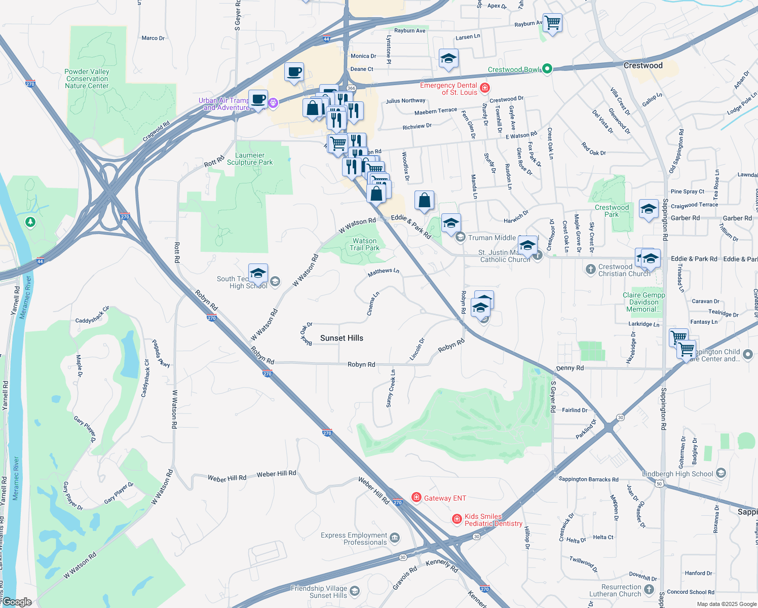 map of restaurants, bars, coffee shops, grocery stores, and more near 12462 Cinema Lane in St. Louis