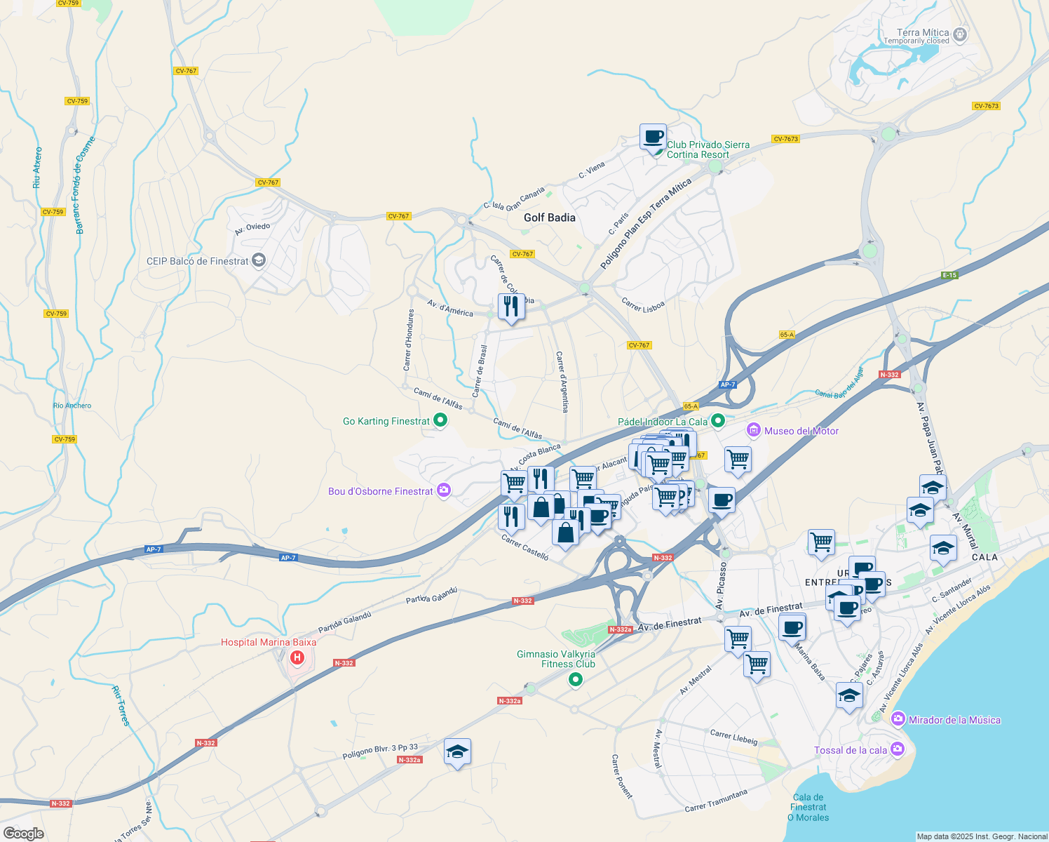 map of restaurants, bars, coffee shops, grocery stores, and more near 22 Calle Chile in Finestrat