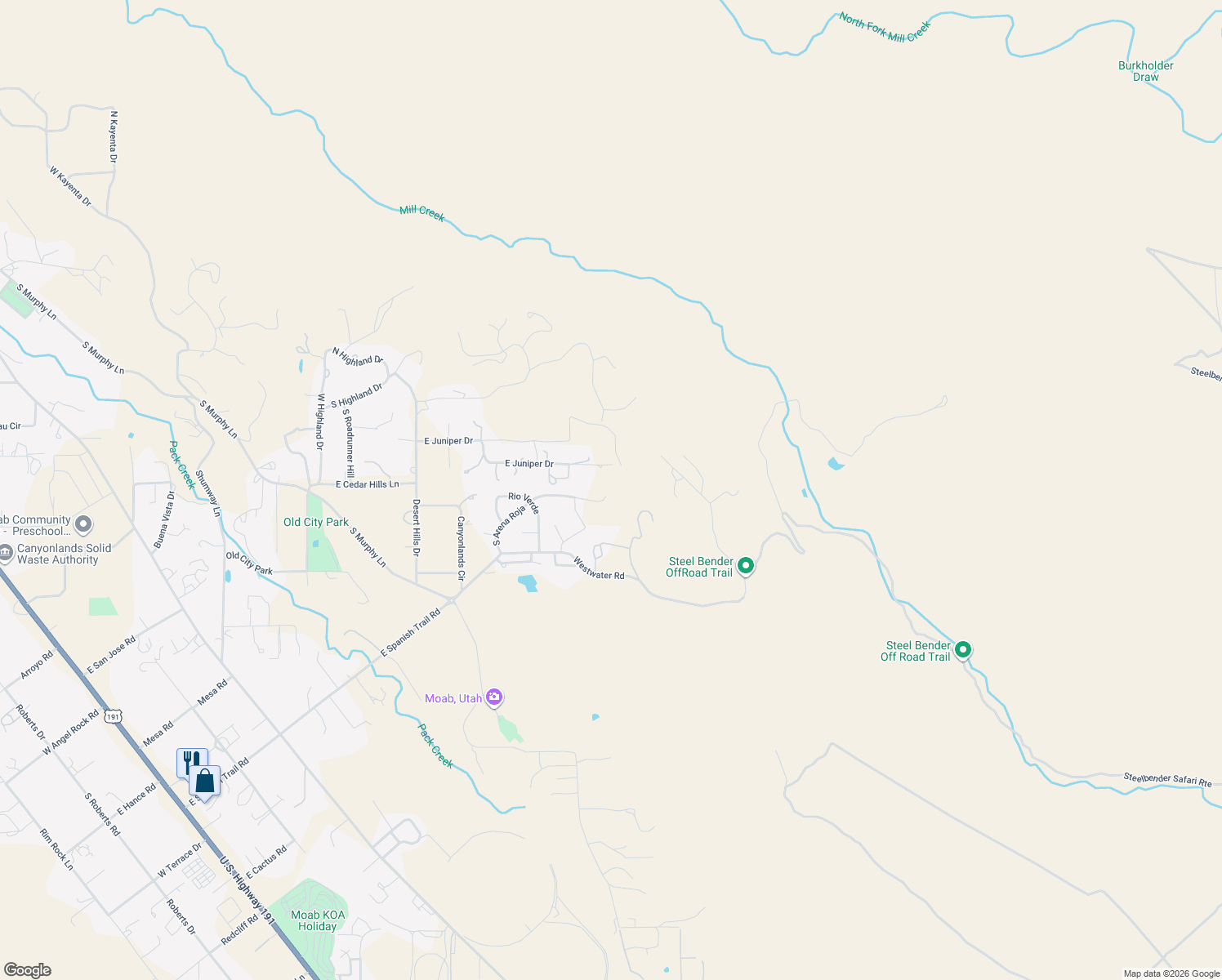 map of restaurants, bars, coffee shops, grocery stores, and more near 3603-3605 E Matterhorn Heights in Moab