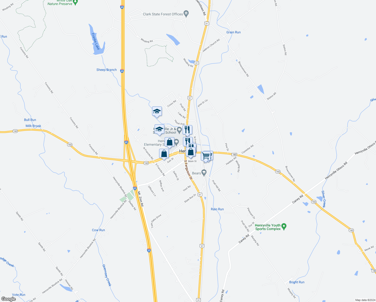 map of restaurants, bars, coffee shops, grocery stores, and more near in Henryville