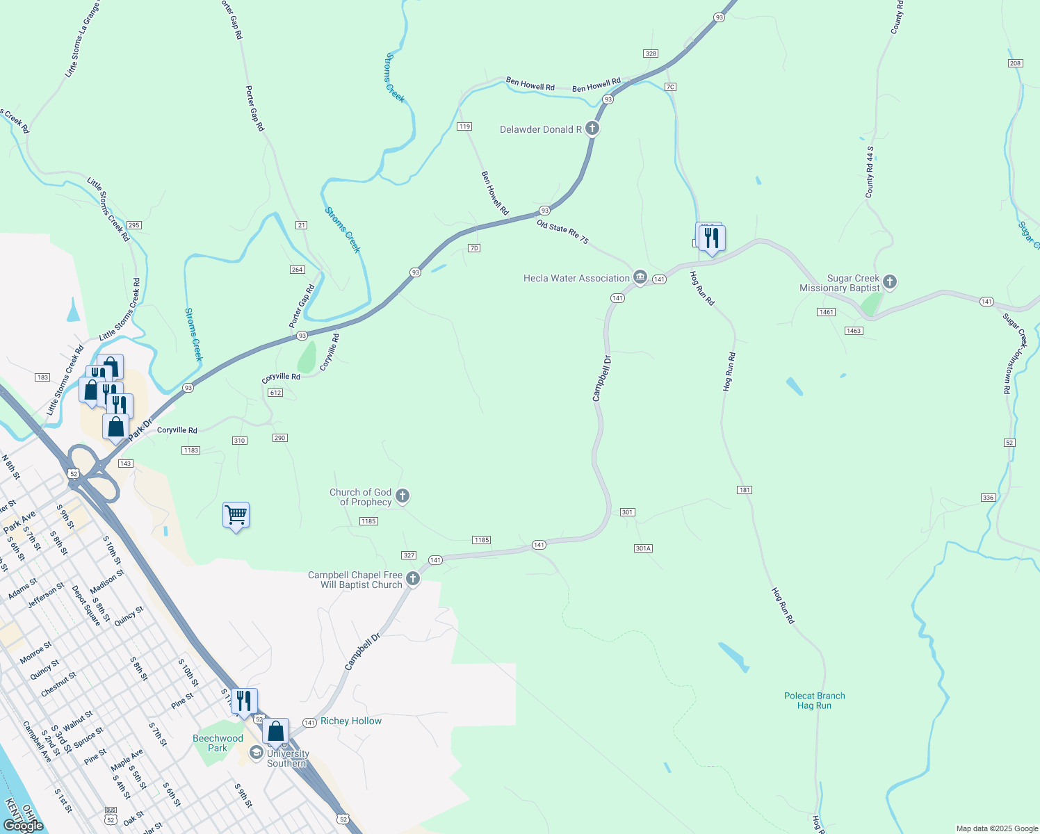 map of restaurants, bars, coffee shops, grocery stores, and more near 628 Sulphur Spring Road North in Ironton
