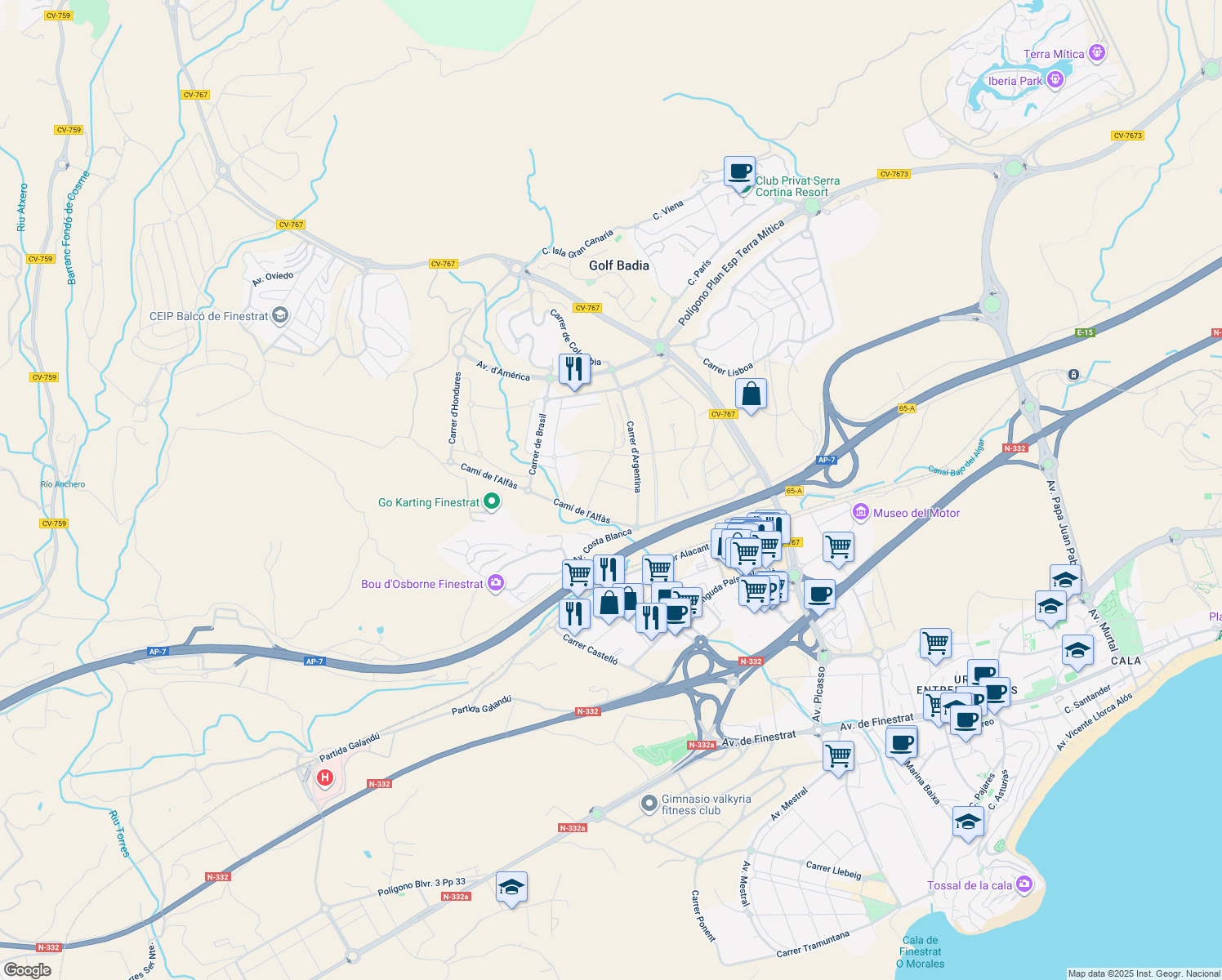 map of restaurants, bars, coffee shops, grocery stores, and more near 32G Carrer de les Bahames in Alicante