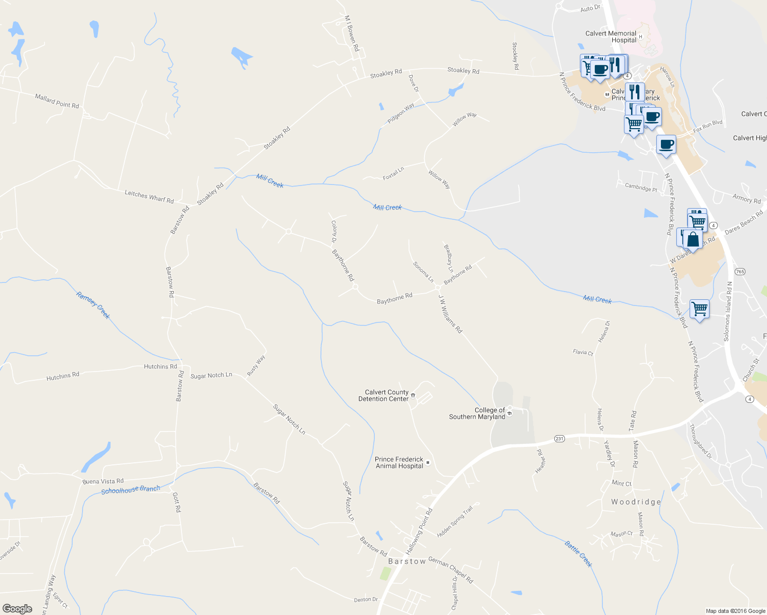 map of restaurants, bars, coffee shops, grocery stores, and more near 2022 Baythorne Road in Prince Frederick