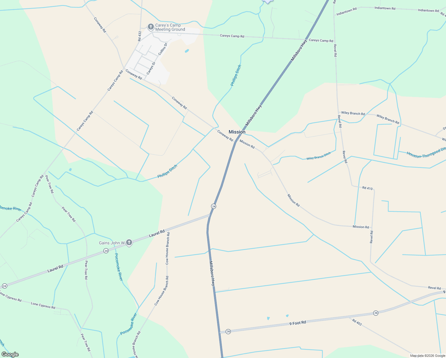 map of restaurants, bars, coffee shops, grocery stores, and more near Millsboro Road in Sussex County