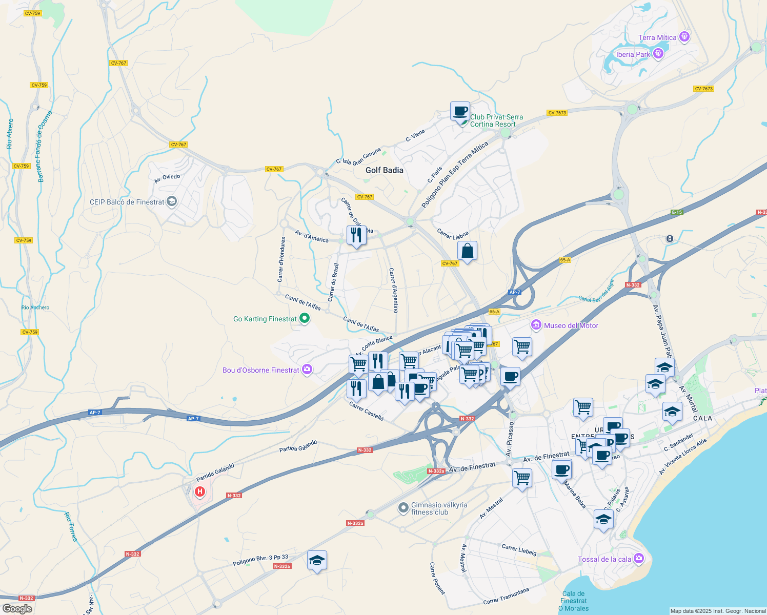 map of restaurants, bars, coffee shops, grocery stores, and more near 32G Carrer de les Bahames in Finestrat