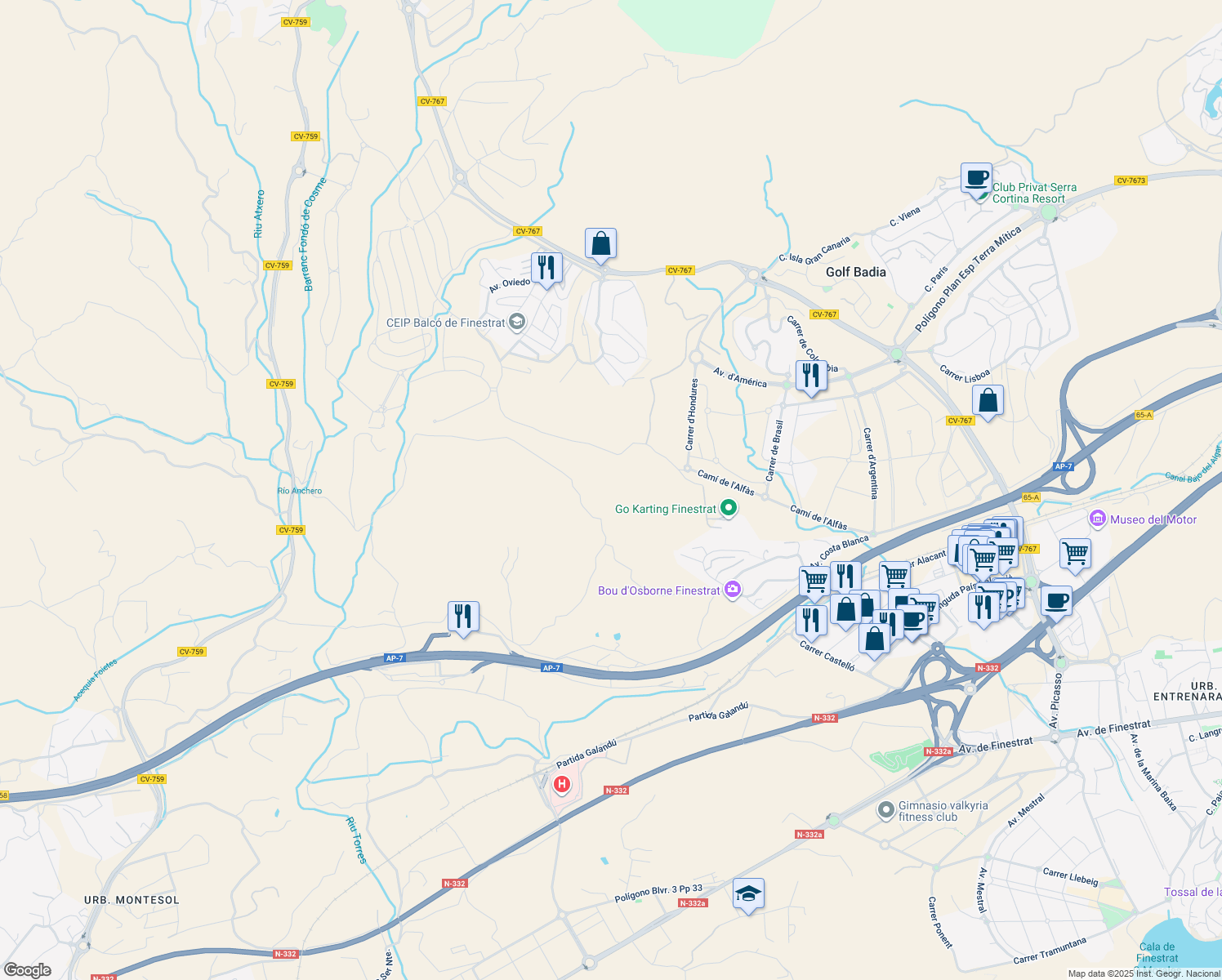 map of restaurants, bars, coffee shops, grocery stores, and more near 42 Plaça Ind Urble Fines. S15 in Finestrat